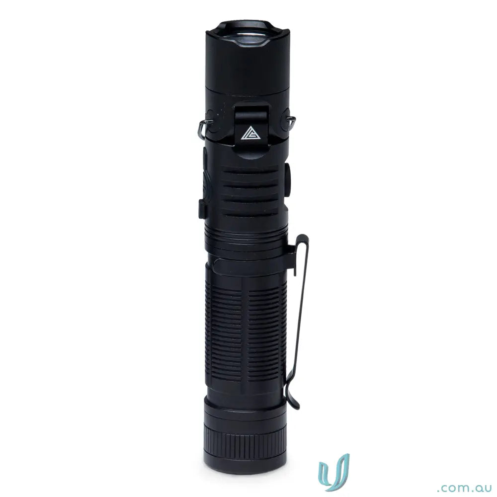 Black tactical flashlight with textured grip and magnetic base for workwear and uniforms