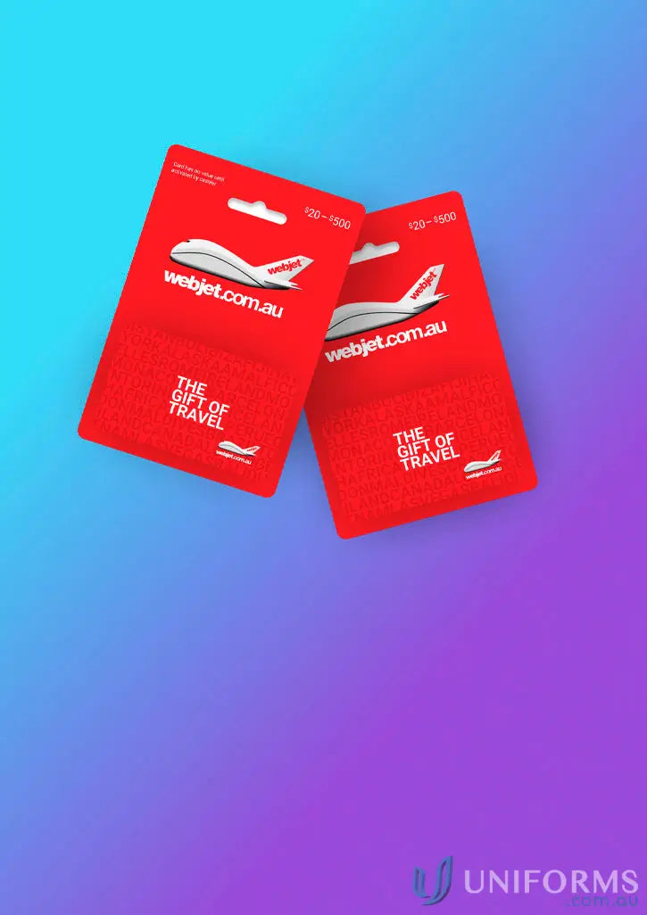 Two red Webjet gift cards for a $100 flight voucher, perfect for travel and workwear fans