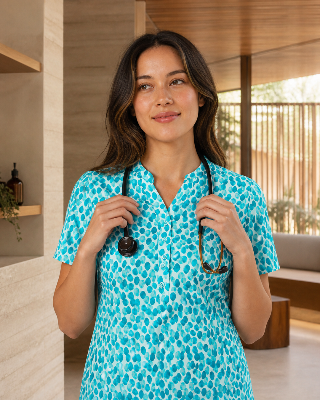 Florence Stardust Print Tunic on Australian healthcare professional