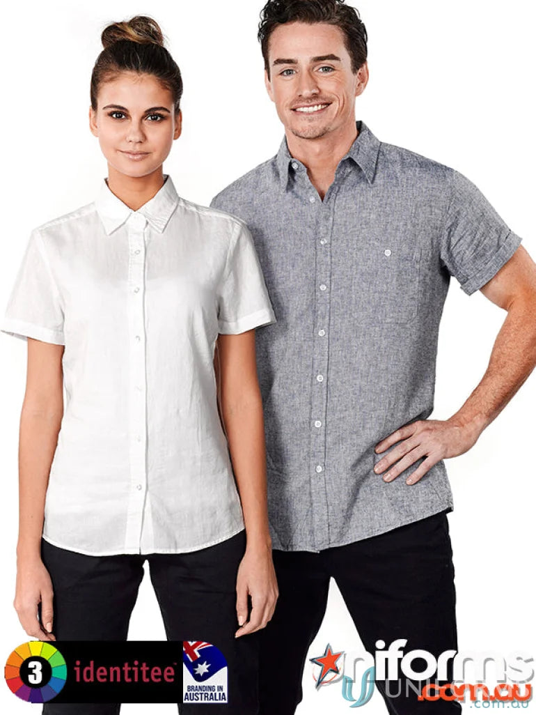 Two people wearing Floyd SS Linen Cotton Shirts showcasing stylish short sleeve linen cotton shirts