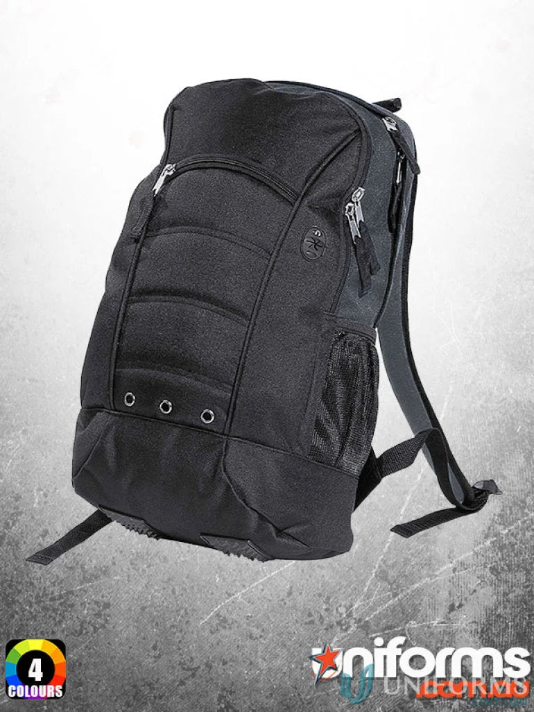 Black Fluid Backpack with multiple compartments, perfect for orders requiring durable bags for uniforms