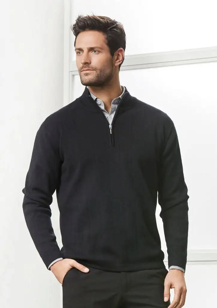 Man wearing FMIG EMB Half Zip Merino Wool Pullover in black over light shirt