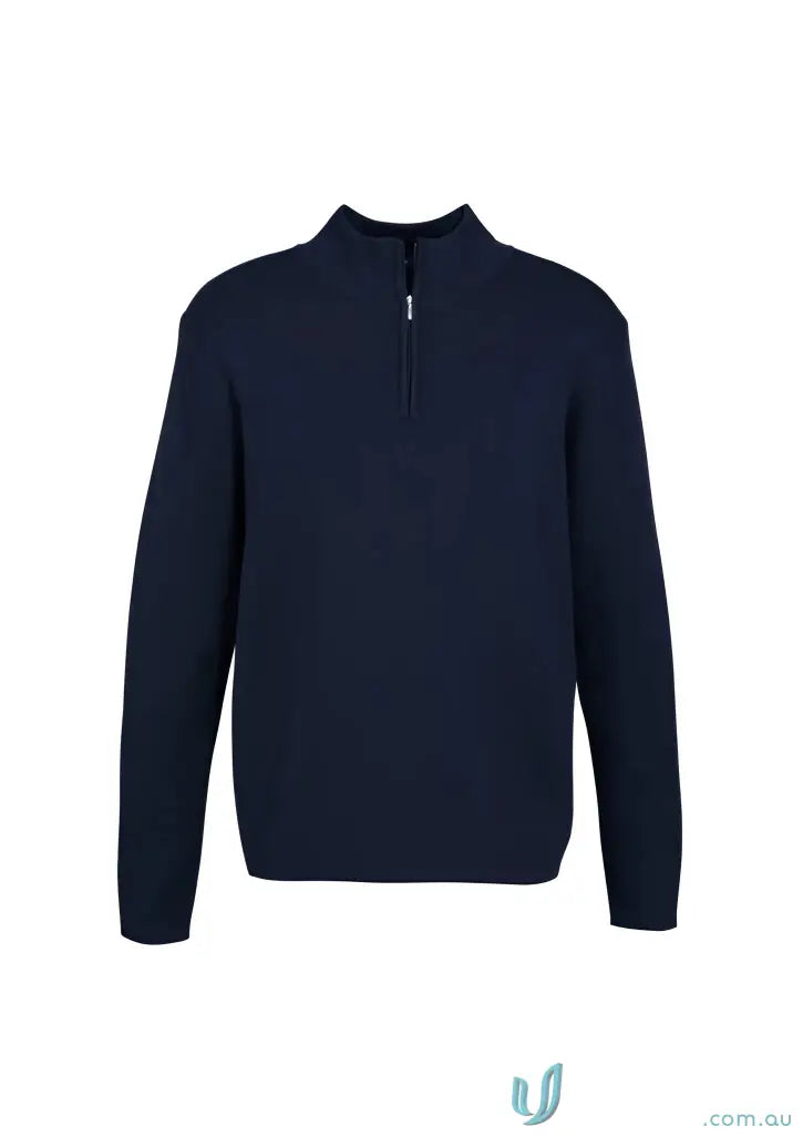 Dark blue zip merino rich half zip men’s sweater with stand-up collar