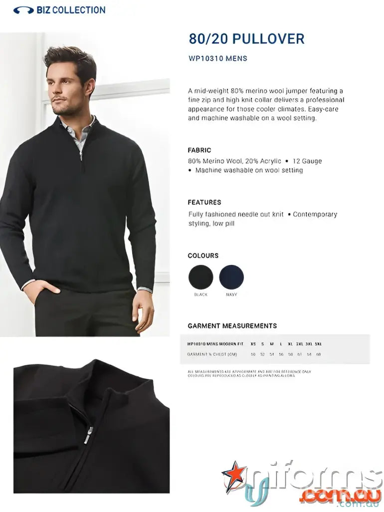 Men’s black zip merino rich pullover with half zip and high knit collar