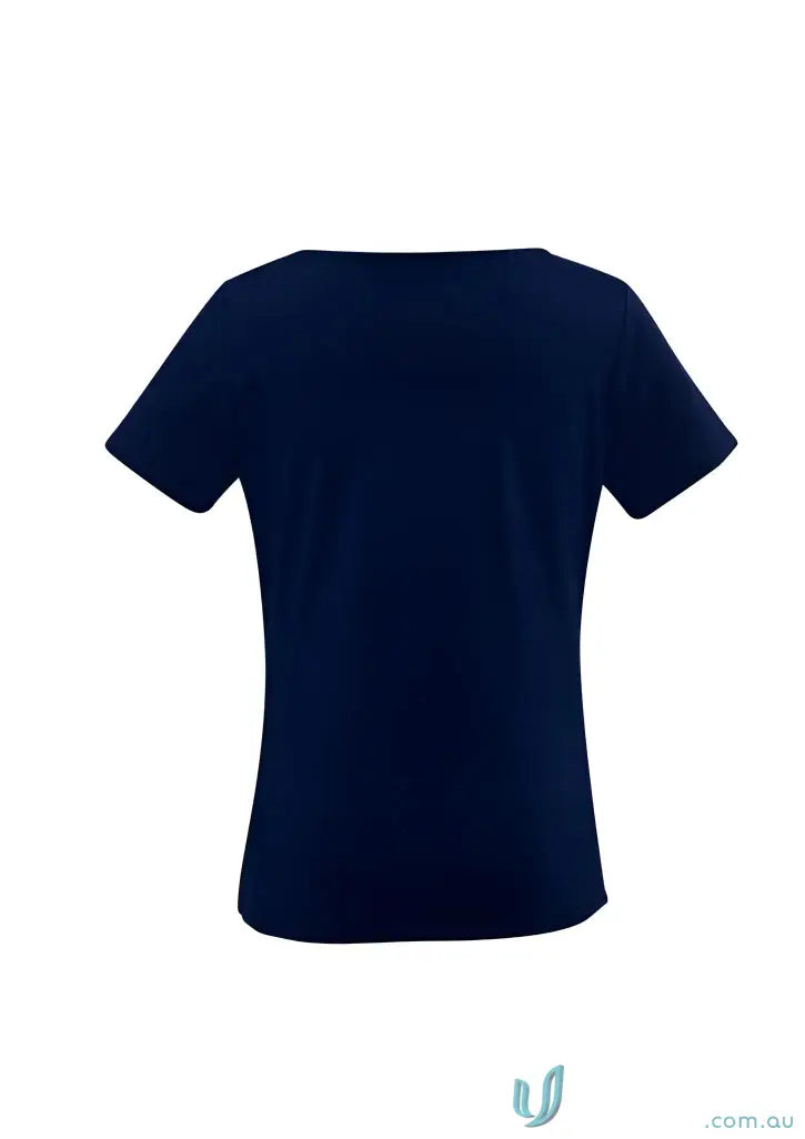 Plain navy blue jersey knit short-sleeved scoop neck top from FMIG Ladies Drape Knit collection