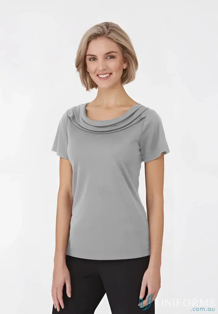 Eva knit style FMIG Ladies Knit SS Top with cowl neckline in light grey