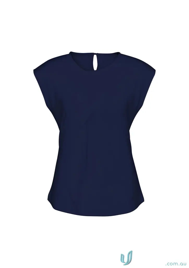 Dark blue jersey knit women’s short-sleeved top with keyhole back for workwear or uniforms