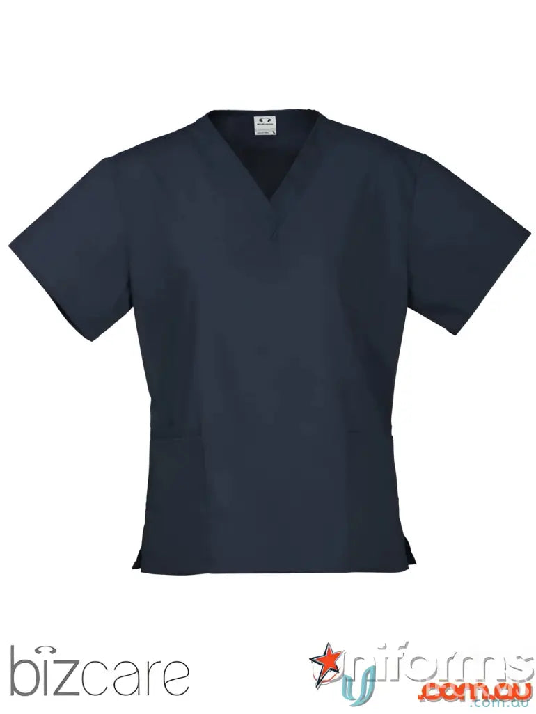 Navy blue V-neck scrub top made from breathable fabric, perfect for workwear uniforms