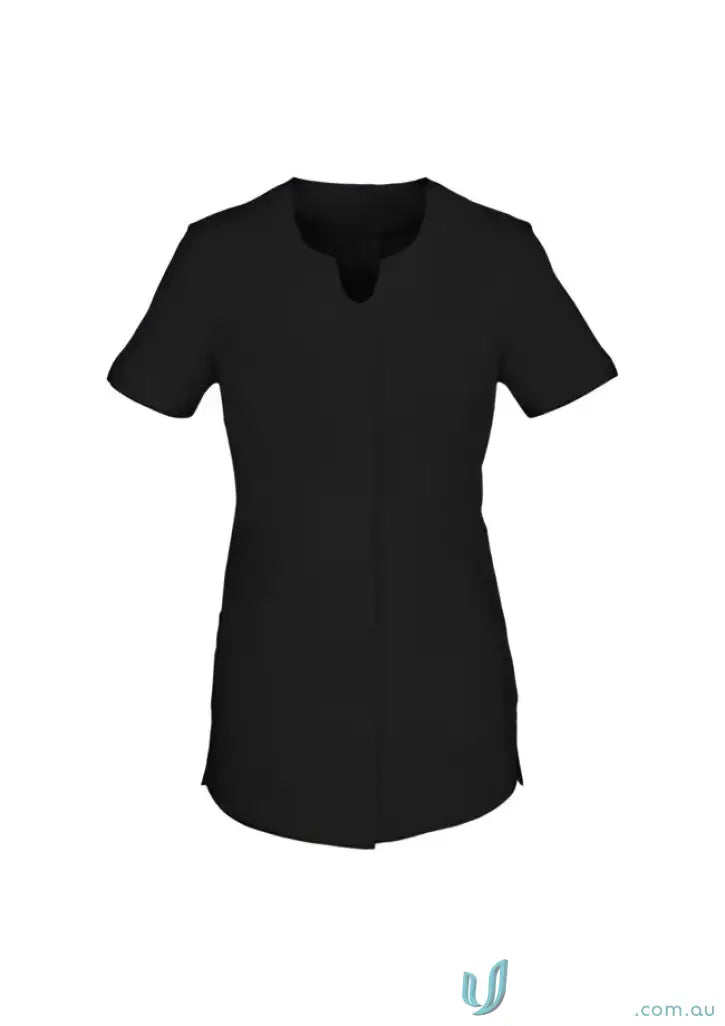 Black women’s Eden tunic with short sleeves and V-neck, Teflon stain release fabric