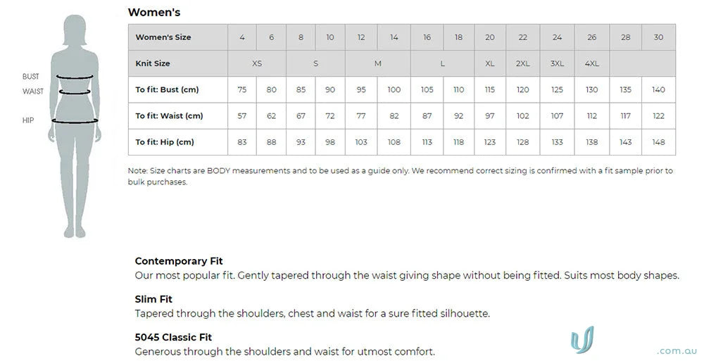 Women’s clothing size chart for FMV (EMB) Ladies 3Q Shirt work uniforms and workwear