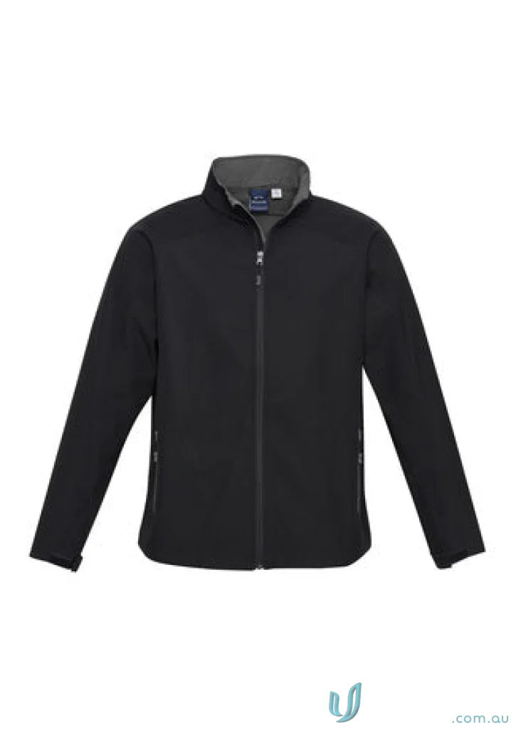 Black FMV EMB Mens Softshell Jacket with breathable polyester, chin guard & zippered pockets