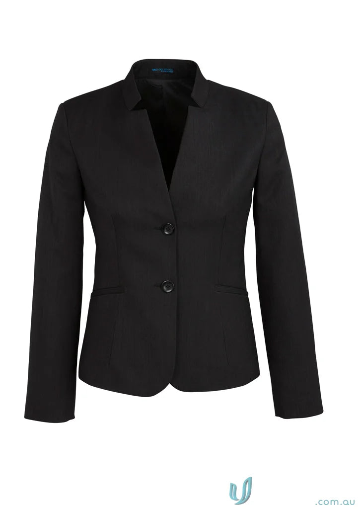 Women’s black blazer with V-neck lapel from FMV Ladies Cool Stretch Short Jacket, perfect fit for work uniforms