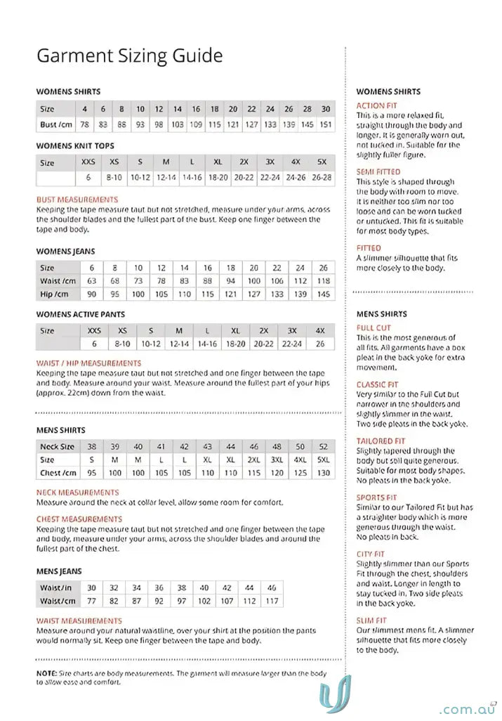 Garment sizing guide for FMV NO EMB Ladies Ezylin 3Q Shirt work and sports uniforms