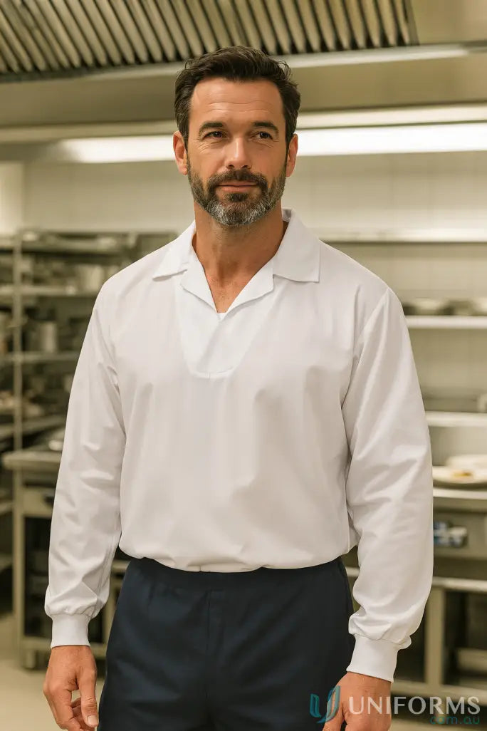 Man in white food industry jac shirt modesty and dark trousers for workcraft food industry