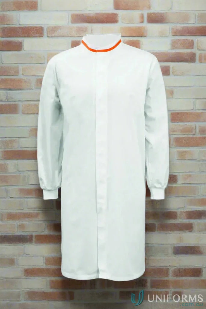 White long length dustcoat with orange contrast trim and fabric blend cuffs for the food industry