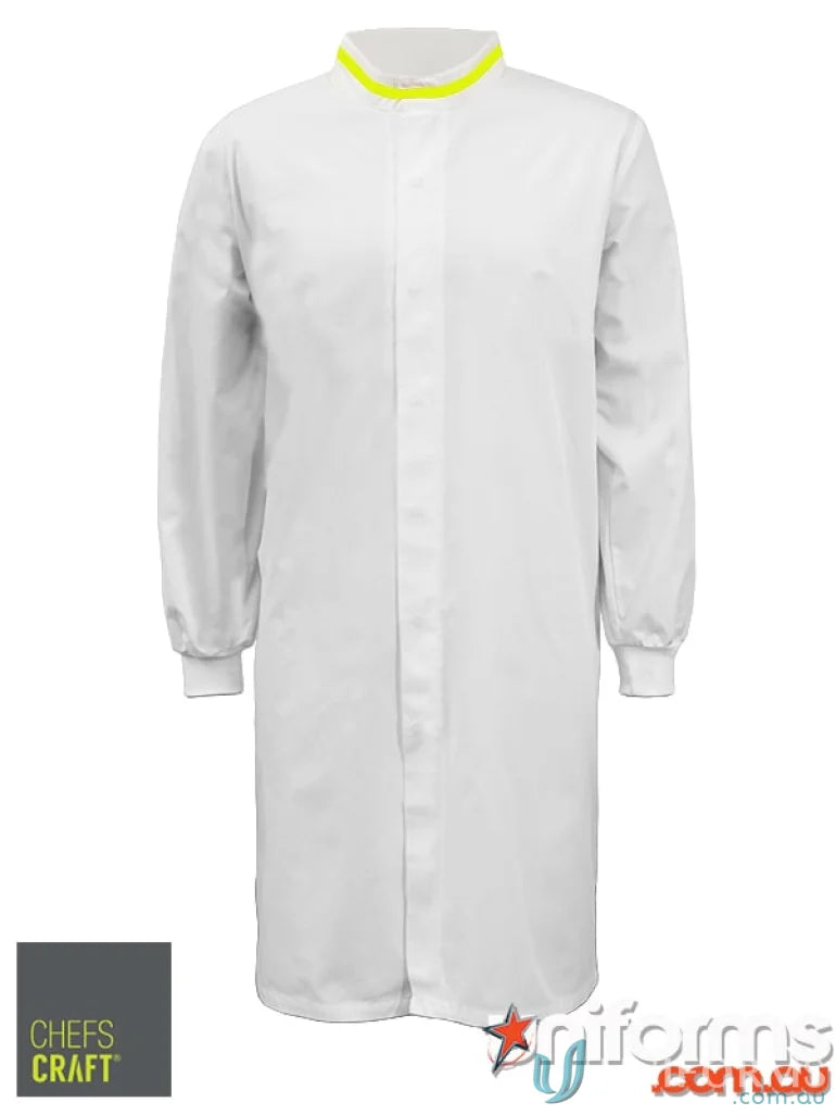 White long length dustcoat with yellow contrast trim and fabric blend cuffs for food industry