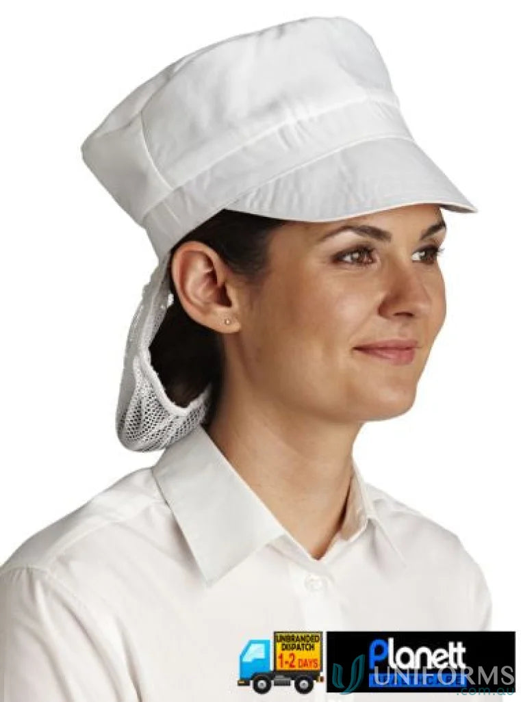 White peaked hairnet cap for food industry work in Food Industry Peak Cap with Hair Net