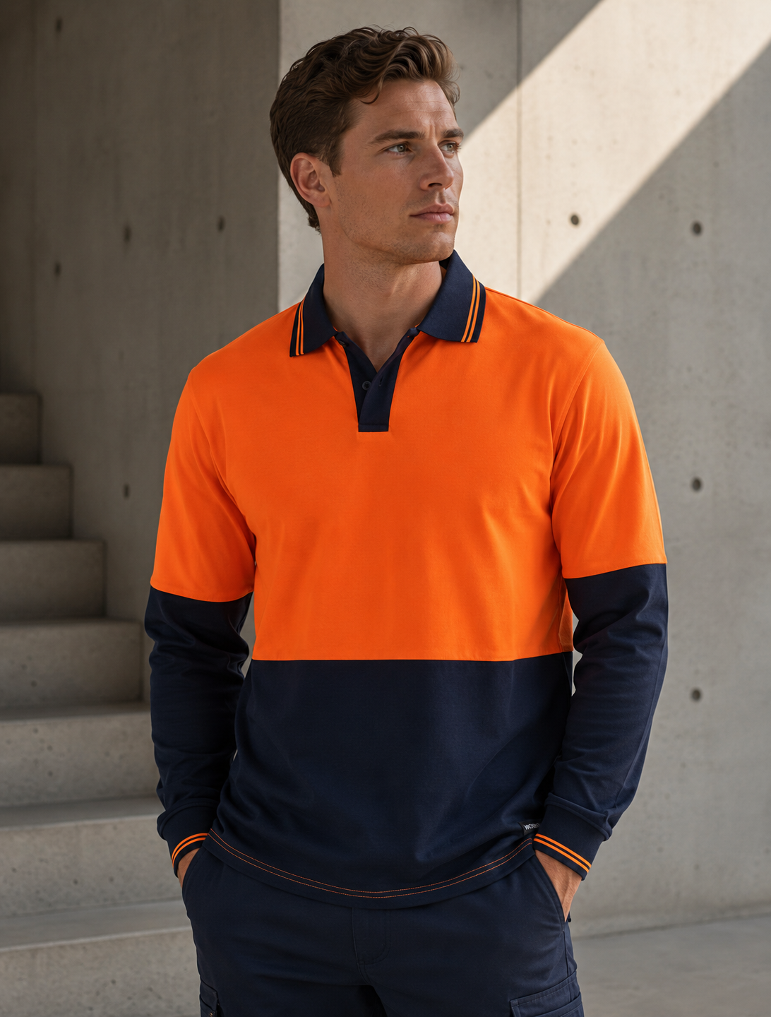 A man wearing a two-tone long-sleeve polo shirt in bright orange and navy blue, standing in front of a concrete wall with stairs in the background.