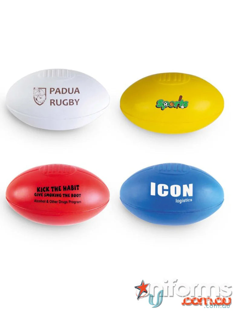 Four colorful stress-ball footballs for Football Stress Reliever, perfect for workwear or print panel displays