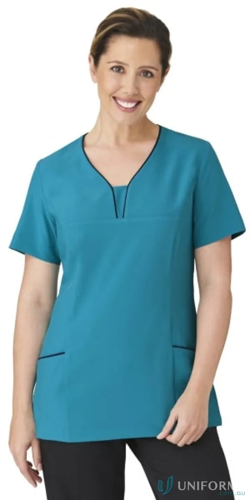 Fabulous City Collection teal scrub top with black trim from the Four Way Stretch Tunic