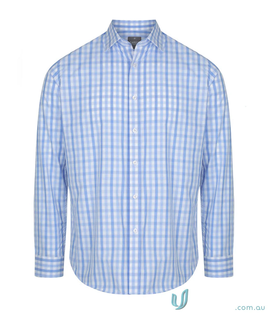 Blue and white check LS shirt in Foxton Tonal Check style, silk protein long sleeve