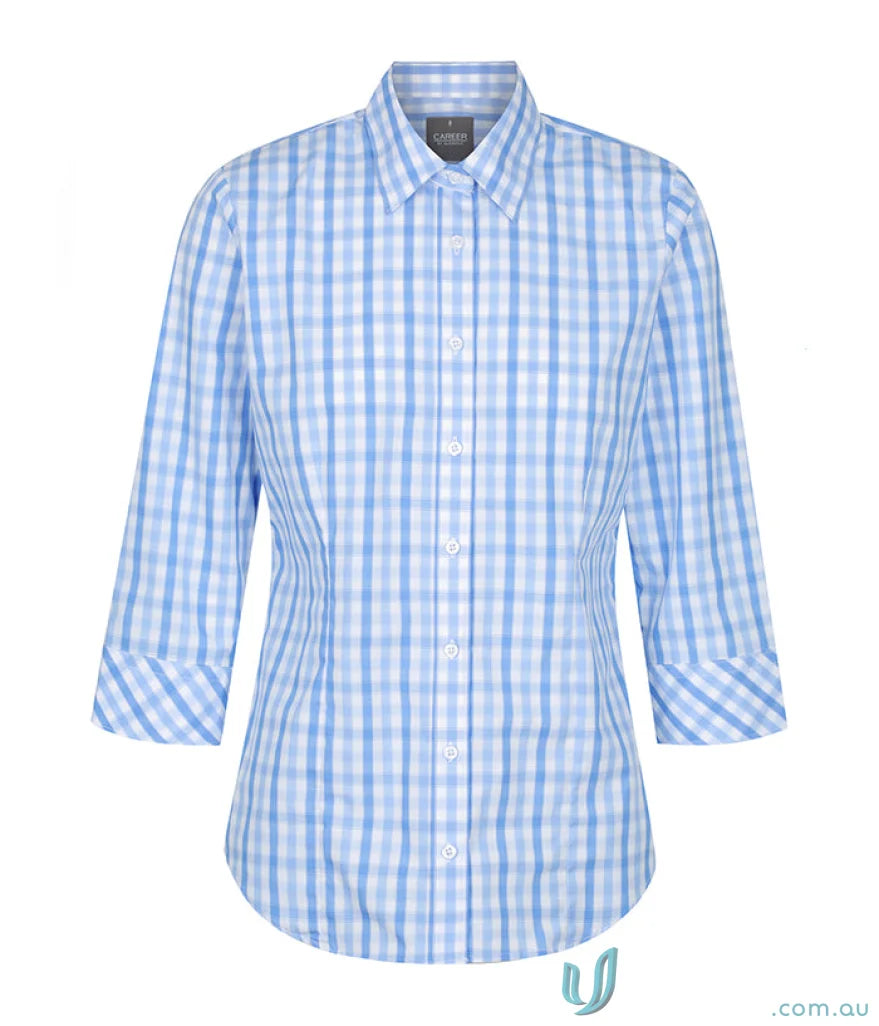 Foxton Tonal Check Theck 3Q Shirt, light blue and white plaid, easy iron, silk protein