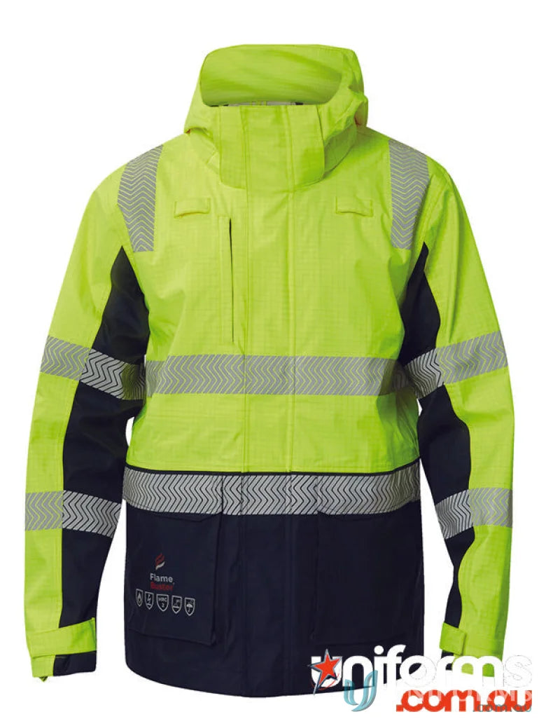 High-visibility yellow and navy Wet Weather HiVis segmented jacket with reflective tape