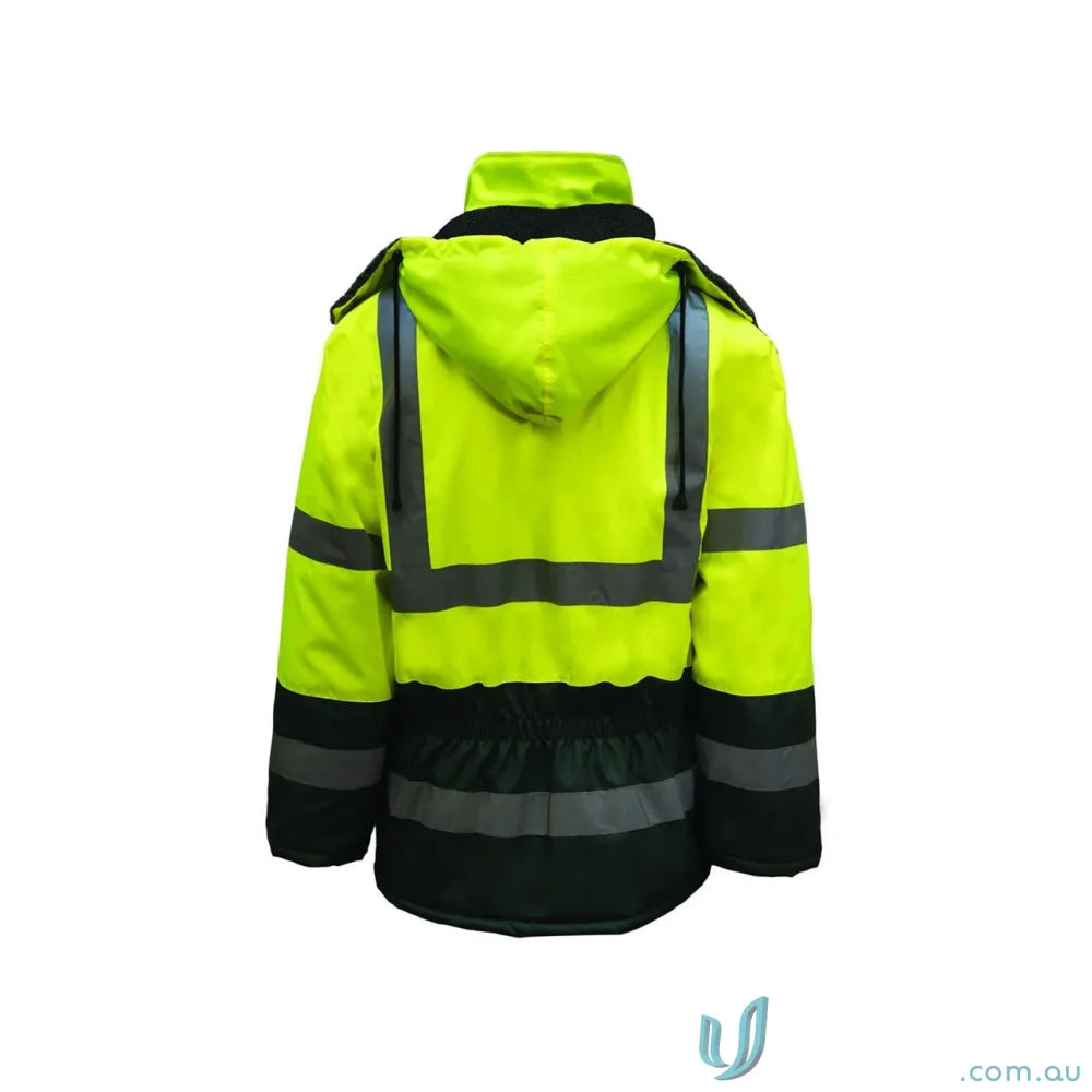 High-visibility workcraft freezer jacket with reflective stripes and polyester fibrefill insulation