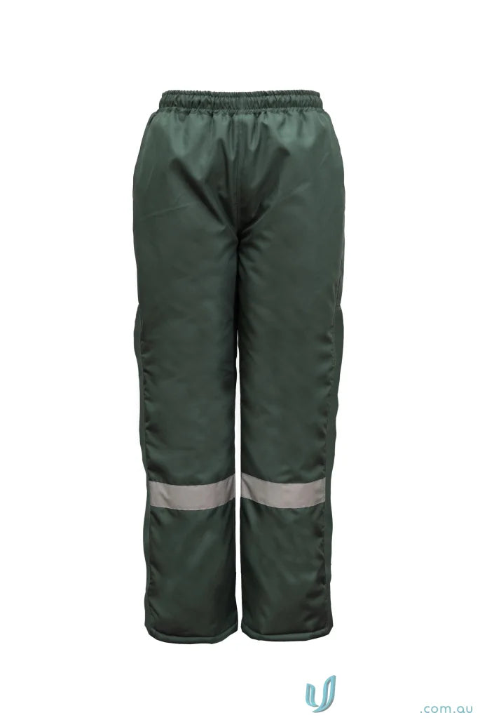 Green insulated work pants for outdoor logistics with reflective freezer features