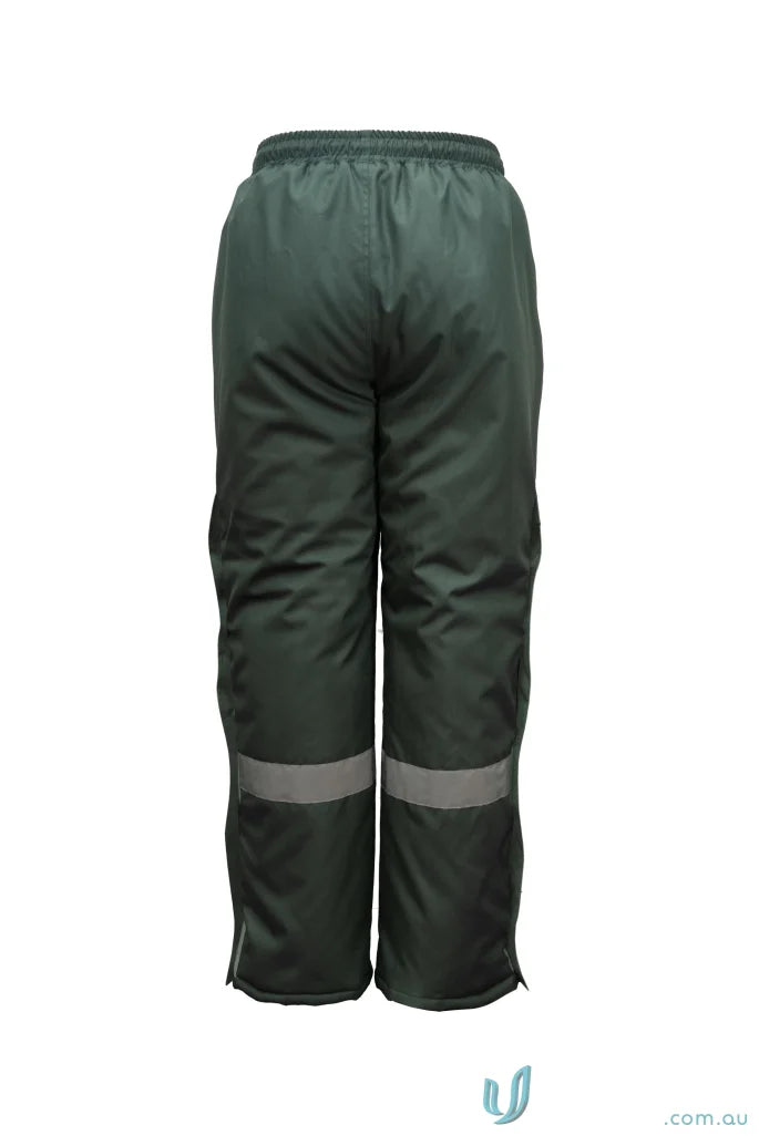 Dark green reflective freezer pants with tape, perfect for outdoor logistics gear