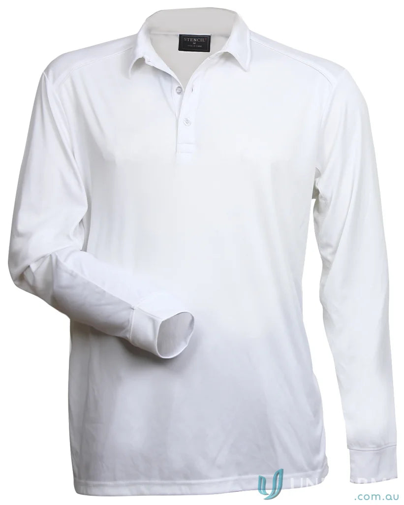 White long-sleeved polo shirt from Freshen LS Polo for unmatched comfort and workwear