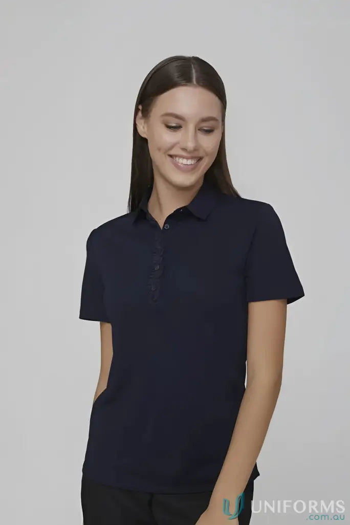 Bella short sleeve Frill Placket Top in polyester matte jersey for all-day comfort