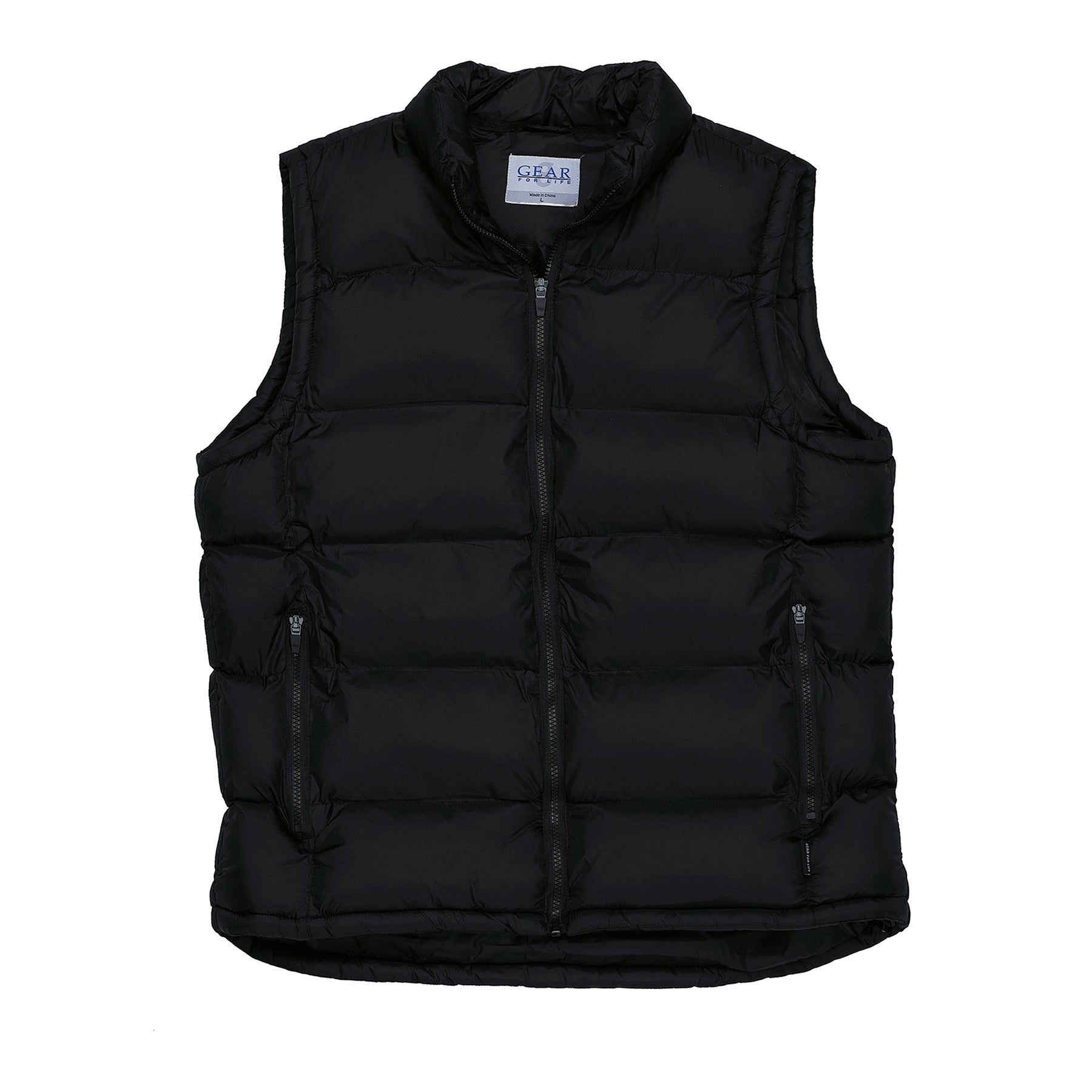 Frontier puffa vest with stand-up collar, zipper, side pockets