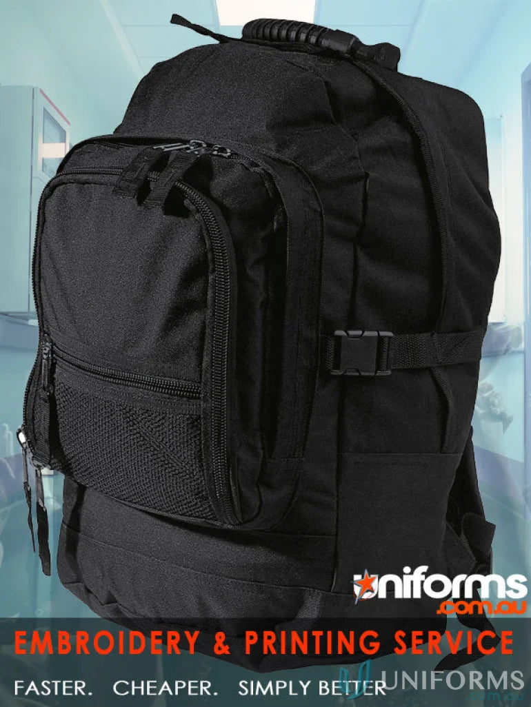 Black Fugitive Backpack with multiple compartments, perfect for heavy duty bag orders