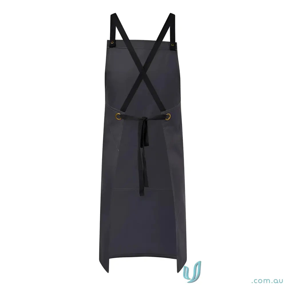 Dark gray Full Bib Apron with pockets, black cross-back straps, metal grommets for catering services