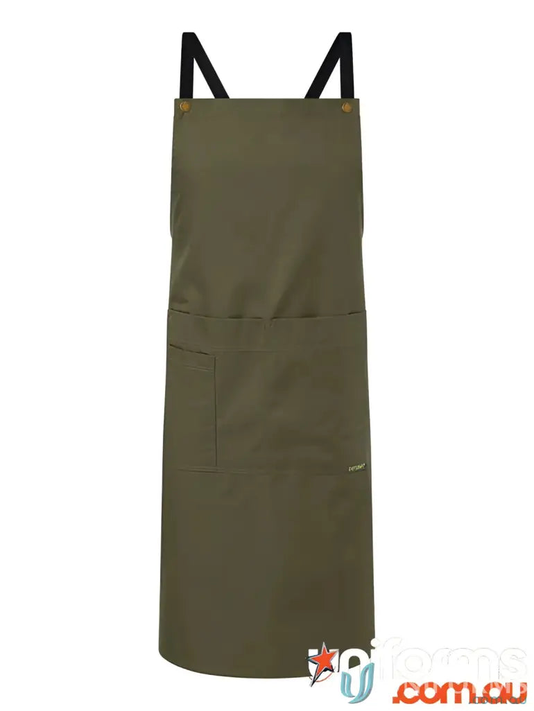 Dark olive green Full Bib Apron with pockets and black cross-back straps for catering services