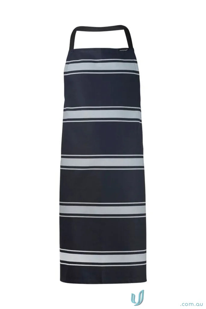 Black butchers stripe bib apron with four grey stripes and herringbone tape ties
