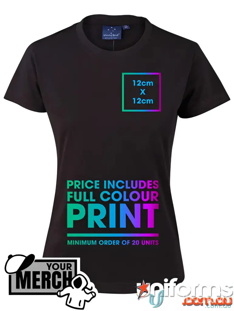 Black women’s T-shirt made from combed cotton, perfect for uniforms and workwear