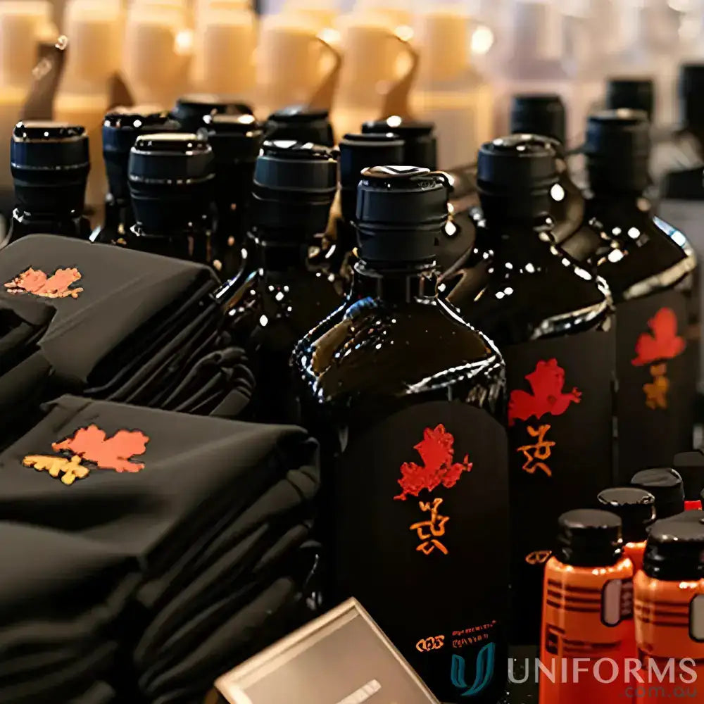 Dark glass bottles with black caps and red gold labels next to embroidered black fabric items showcasing onsite embroidery and embroidery left chest designs