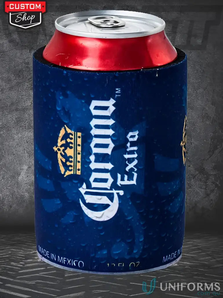 Blue stubby holder with Corona Extra beer can, perfect for uniforms or workwear fun