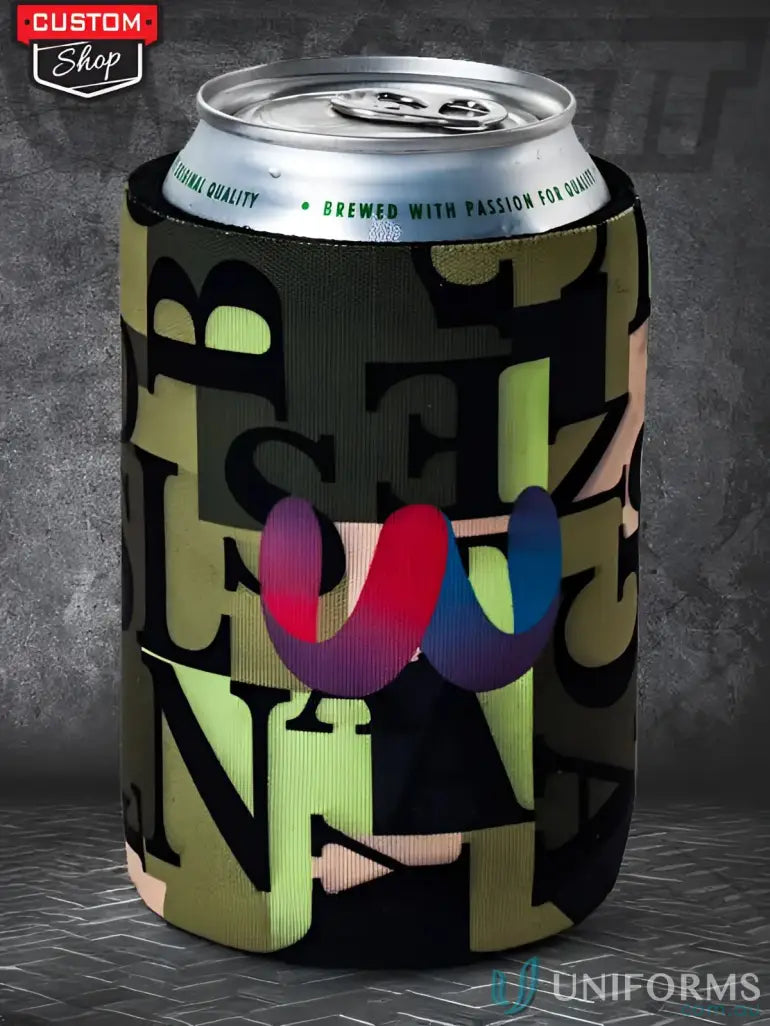 Full Print Custom Stubby Holder with colorful W logo on camouflage workwear design