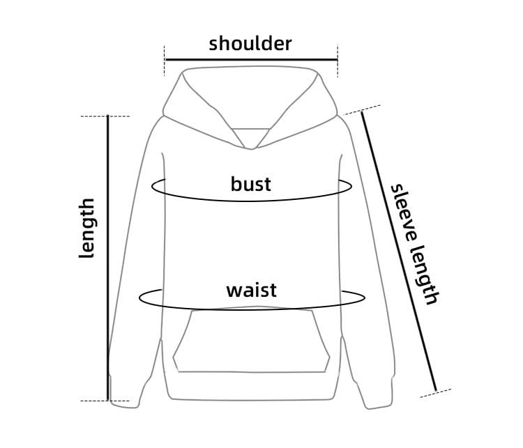 Hoodie sizing diagram for full printed custom hoodie, perfect for uniforms or workwear