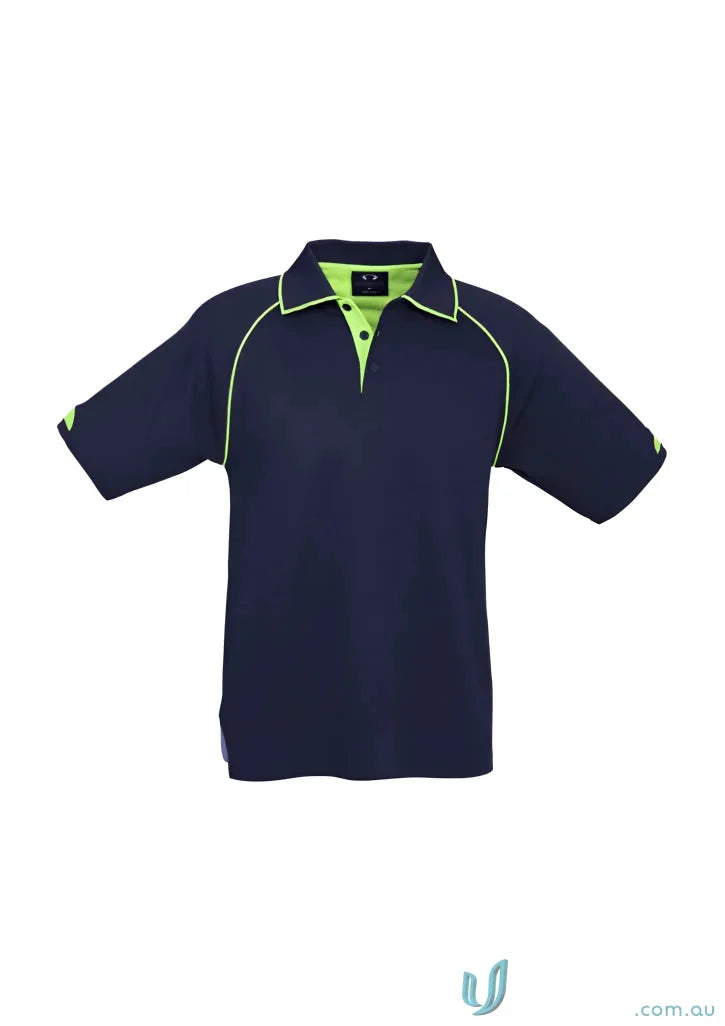 Men’s Fusion Short Sleeve Polo with hi-viz fluoro trims in navy blue and lime green
