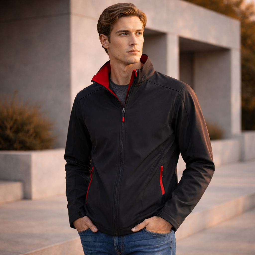 Gainsford softshell jacket in black and red with red zippers and pockets