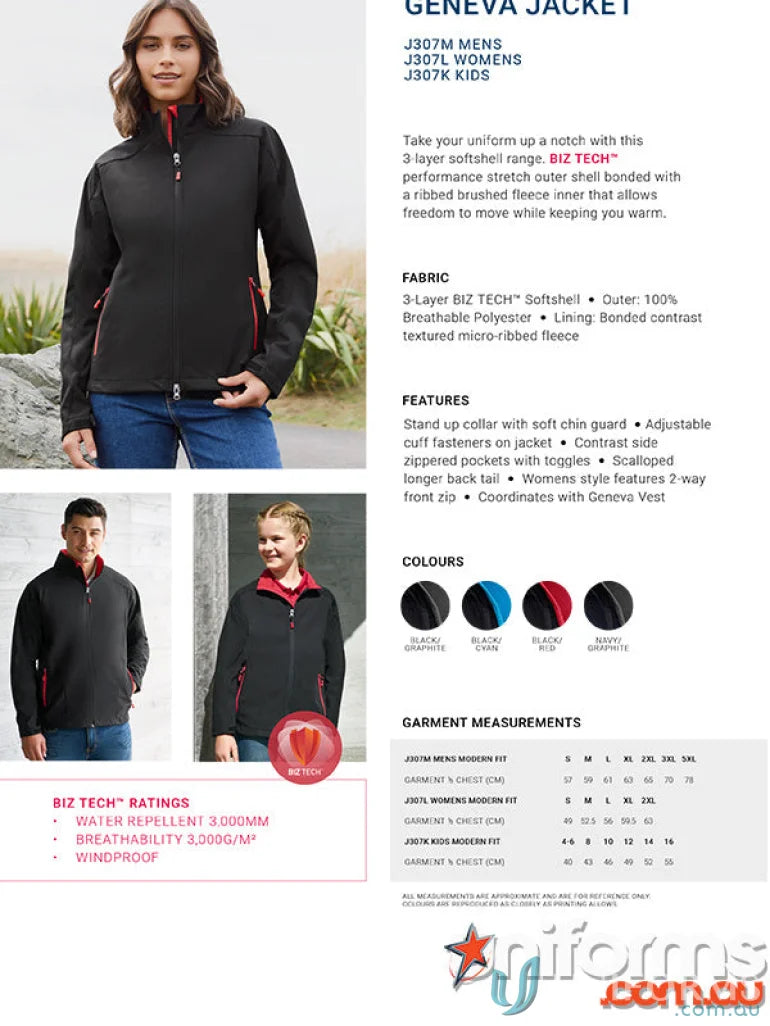 Geneva jacket product ad featuring Geneva Softshell Jacket with biz tech™ J307M branding