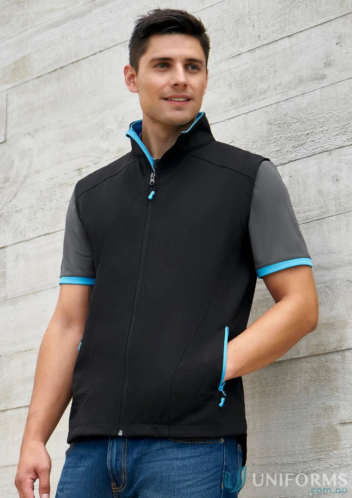 Black Geneva Softshell Vest with blue trim from J404M Collection Men’s and Biz Collection Men’s