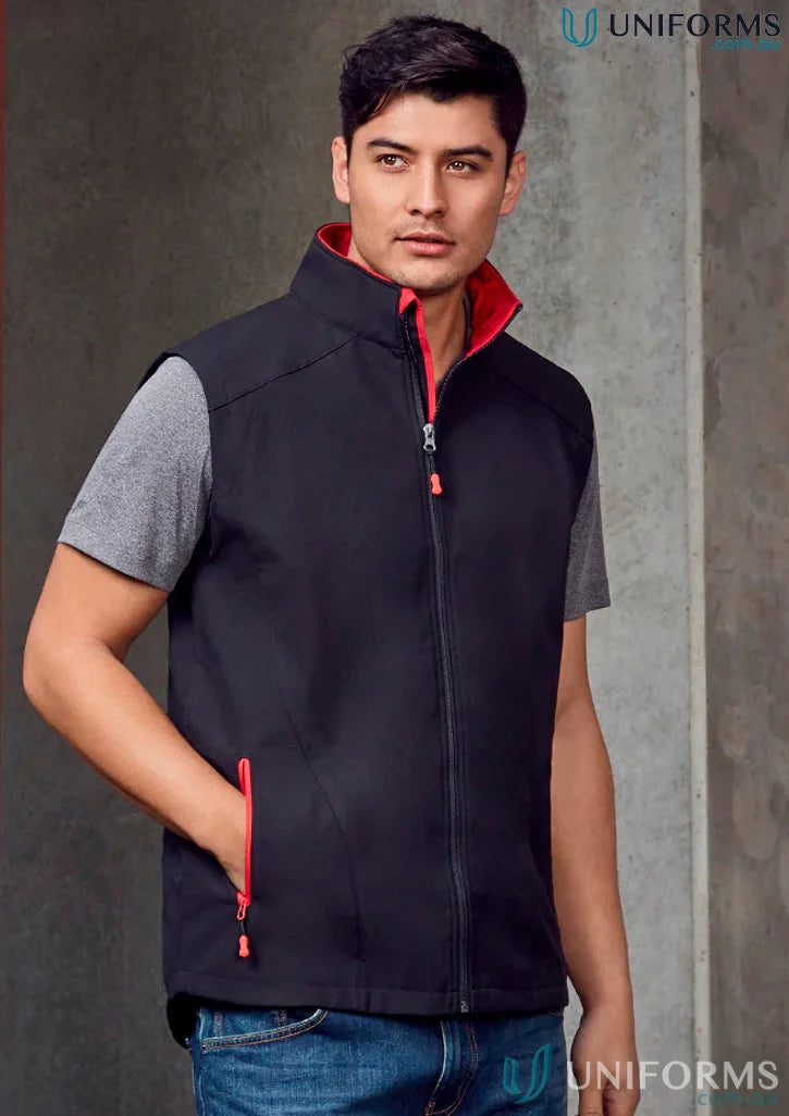 Black and red zippered Geneva Softshell Vest from J404M Collection Men’s or Biz Collection Men’s