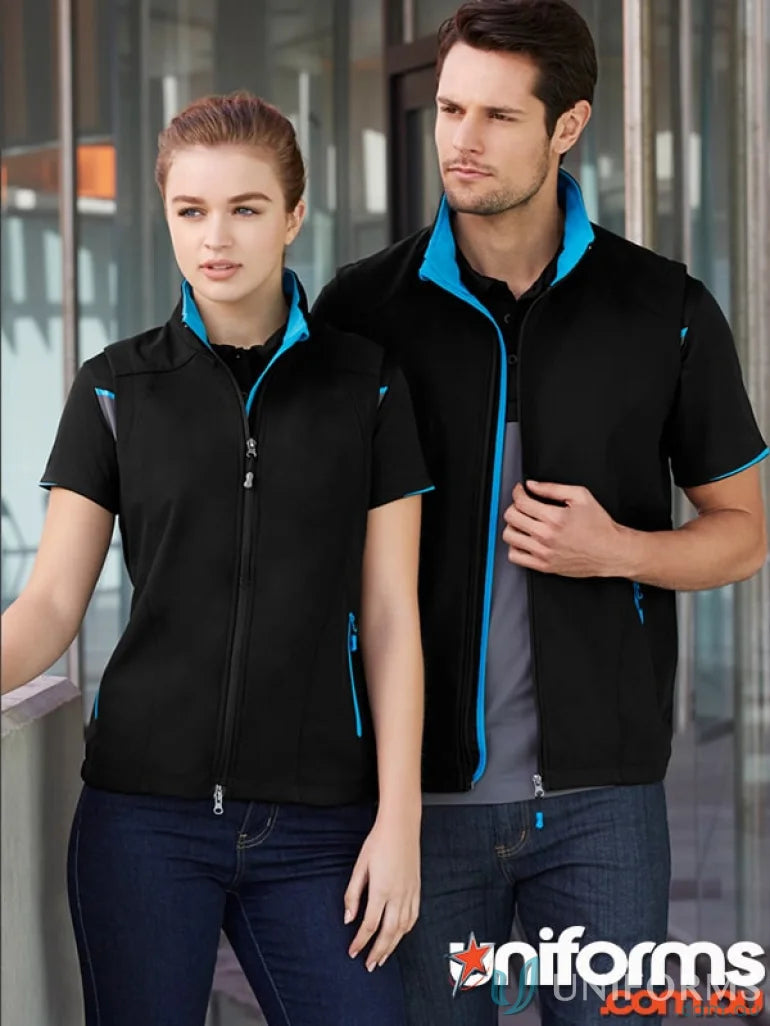 Geneva Softshell Vest from J404M Collection Men’s with matching black vest and blue trim