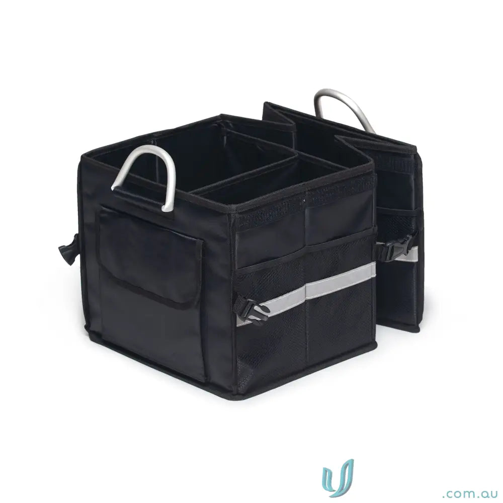 Black foldable boot organiser with removable lid and reflective strip for uniforms