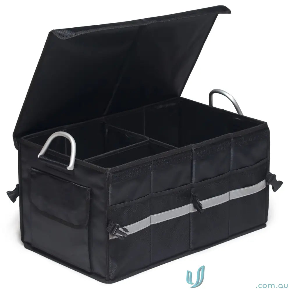Black collapsible boot organiser with removable lid, reflective strips, perfect for uniforms
